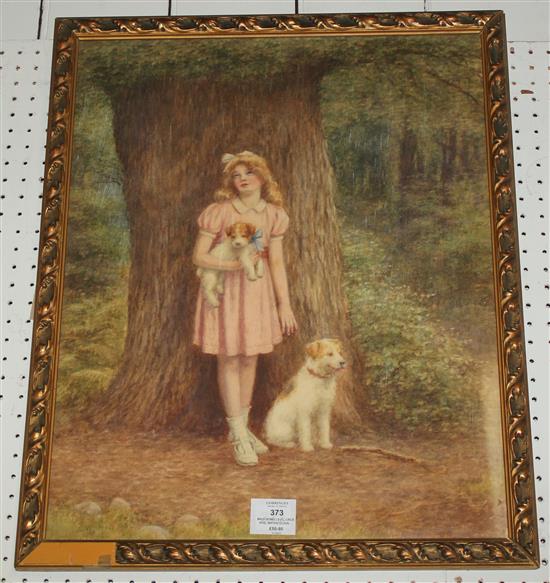 Maud Howells (fl. circa 1910), watercolour, young girl with dogs in a woodland setting, signed